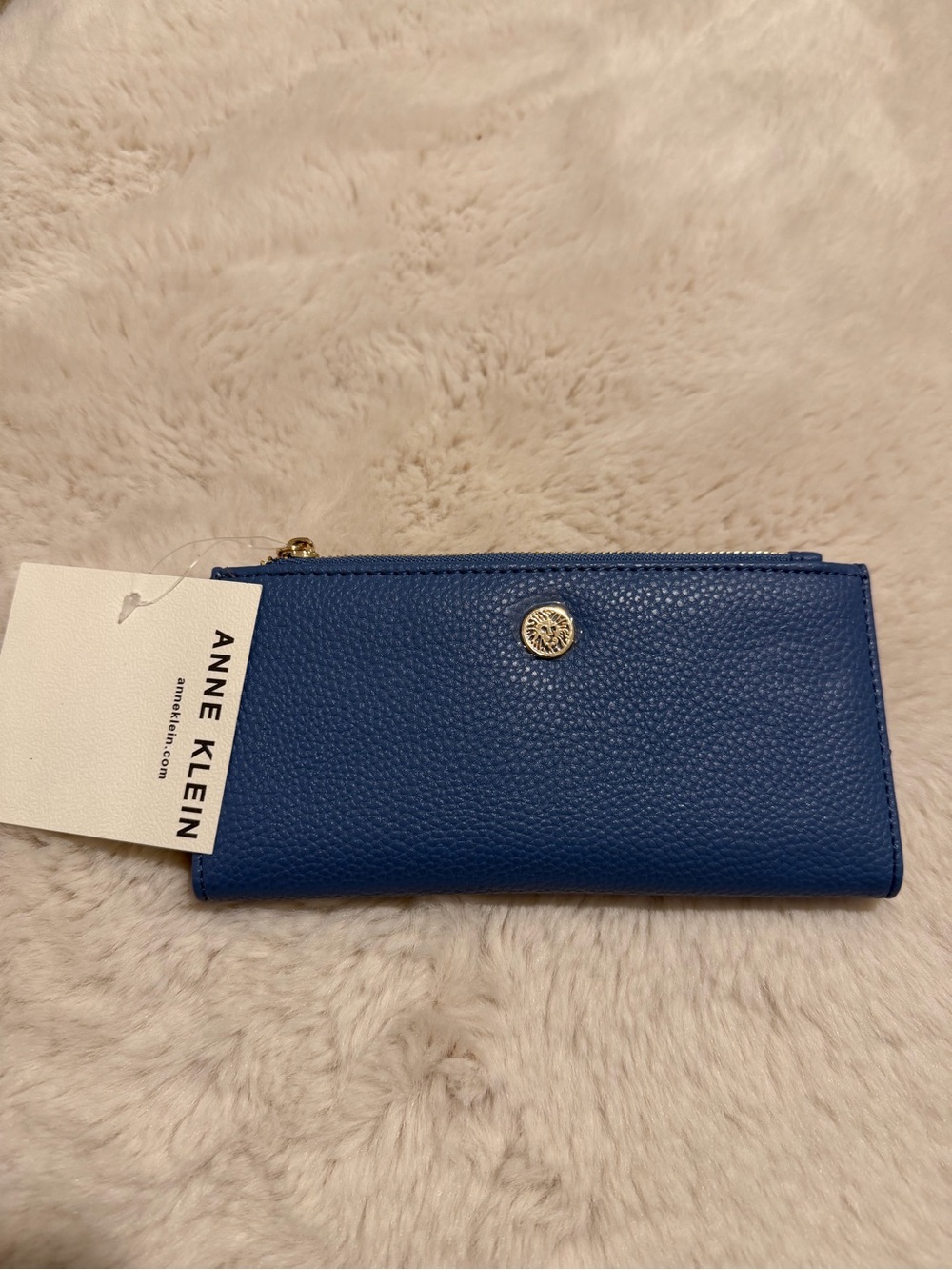 Anne Klein Blue Pebbled Zip Wallet with Gold Logo